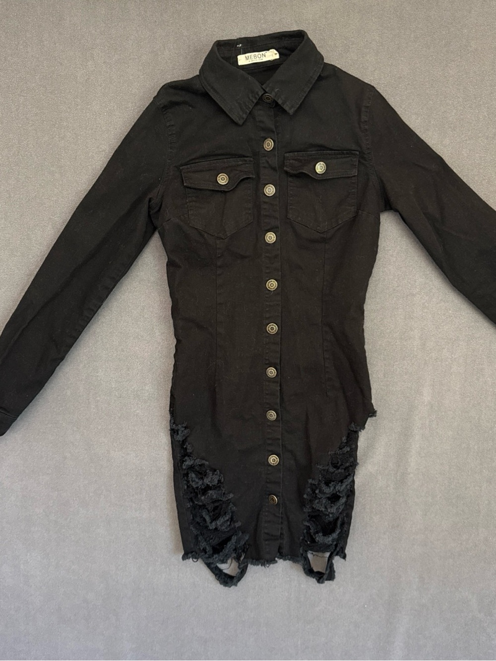 MEBON by Machine Black Distressed Button-Front Denim Jacket Dress Size Small